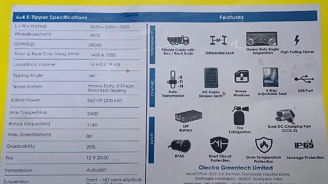 Olectra 6x4 E-Tipper specifications