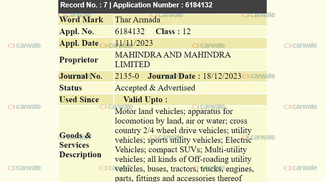 Mahindra registers Thar Armada and six other new names CarWale