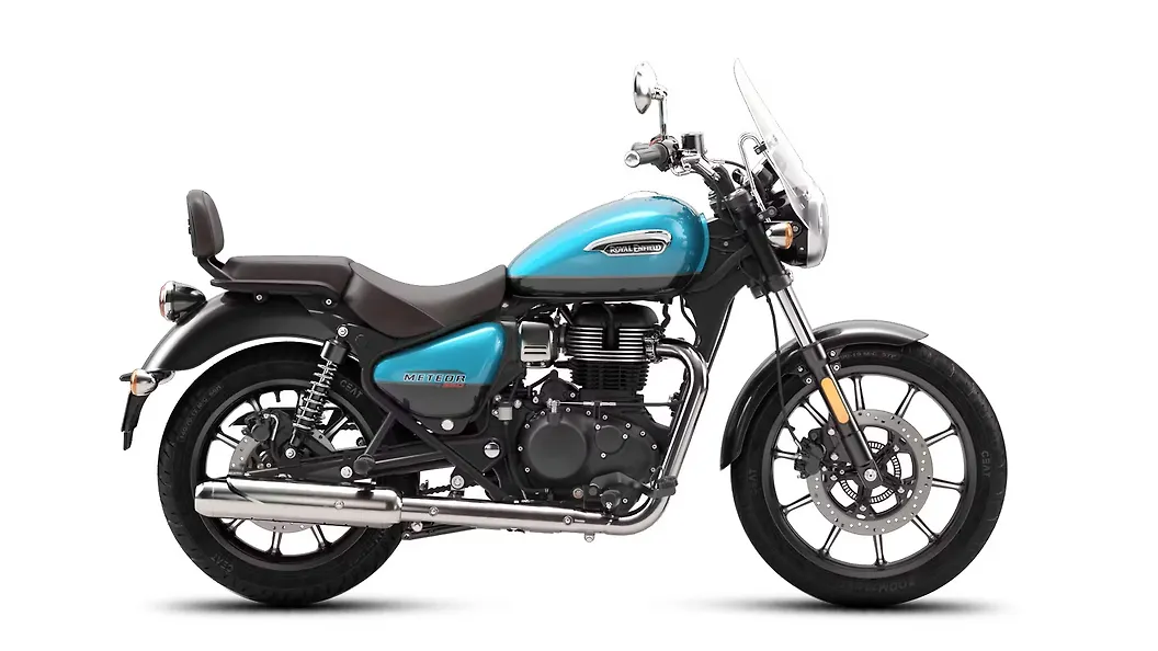 Royal Enfield Meteor 350 Supernova Blue with chrome accents and dual-tone styling