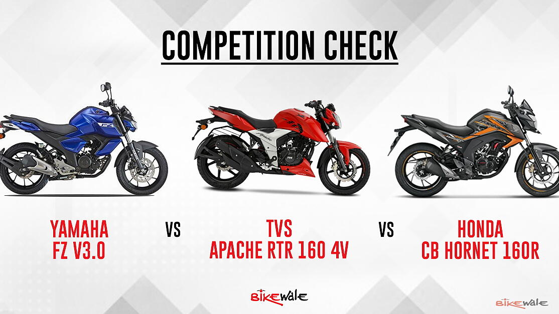 Yamaha FZ V3.0 vs TVS Apache RTR 160 4V vs Honda CB Hornet 160R – Competition Check