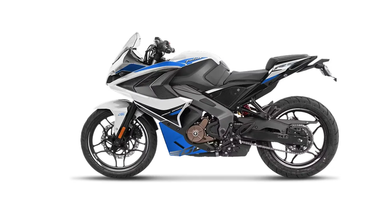 Bajaj Pulsar RS 200 — Pearl Metallic White and Caribbean Blue