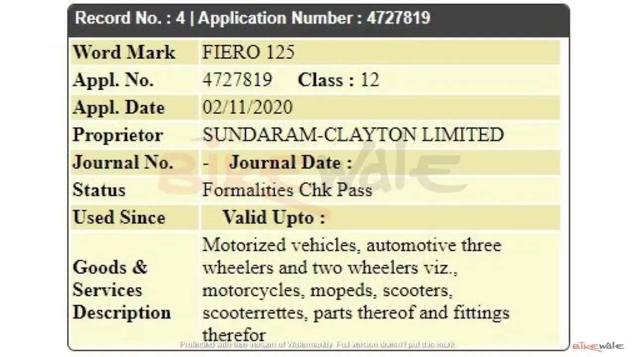 TVS Fiero 125 name trademarked TVS Fiero 125 name trademarked