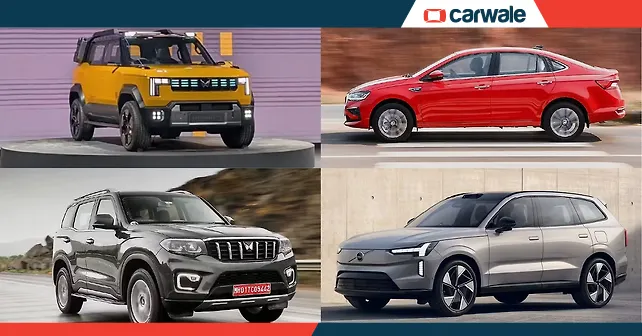 A modern electric flagship SUV and a luxury sports car parked in a contemporary showroom setting representing August launches.