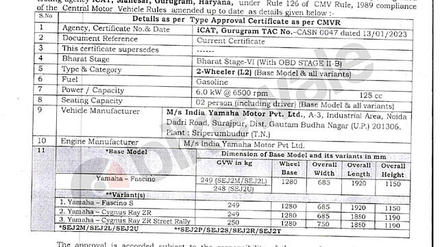 Yamaha Fascino 125 Specifications