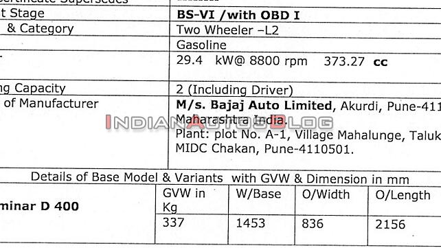 Bajaj Dominar 400 Specifications